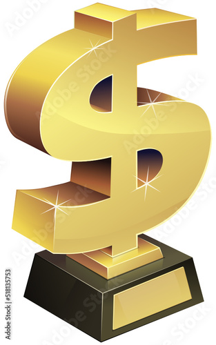 Trophy with a gold dollar sign on a black pedestal with a blank gold plaque (cut out)