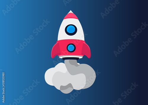 Vector illustration of a 3d cartoon rocket launching. Red and white rocket with smoke on launch. Concept for business startup, ideation and product launch