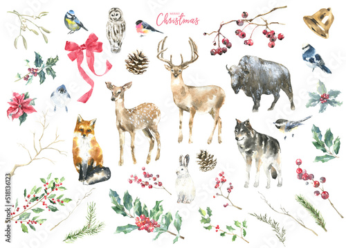 Fotobehang Merry Christmas watercolor animal illustration set