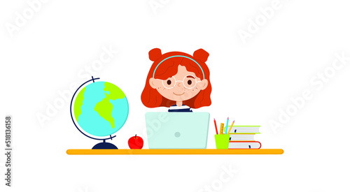 Cute girl in glasses learning via internet at home. Happy smart kid studying online at laptop computer. Child studying at a desk. Vector illustration isolated on white background