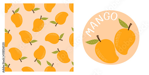Seamless pattern with mango tropical fruit on orange background. Mango logo sign vector illustration.