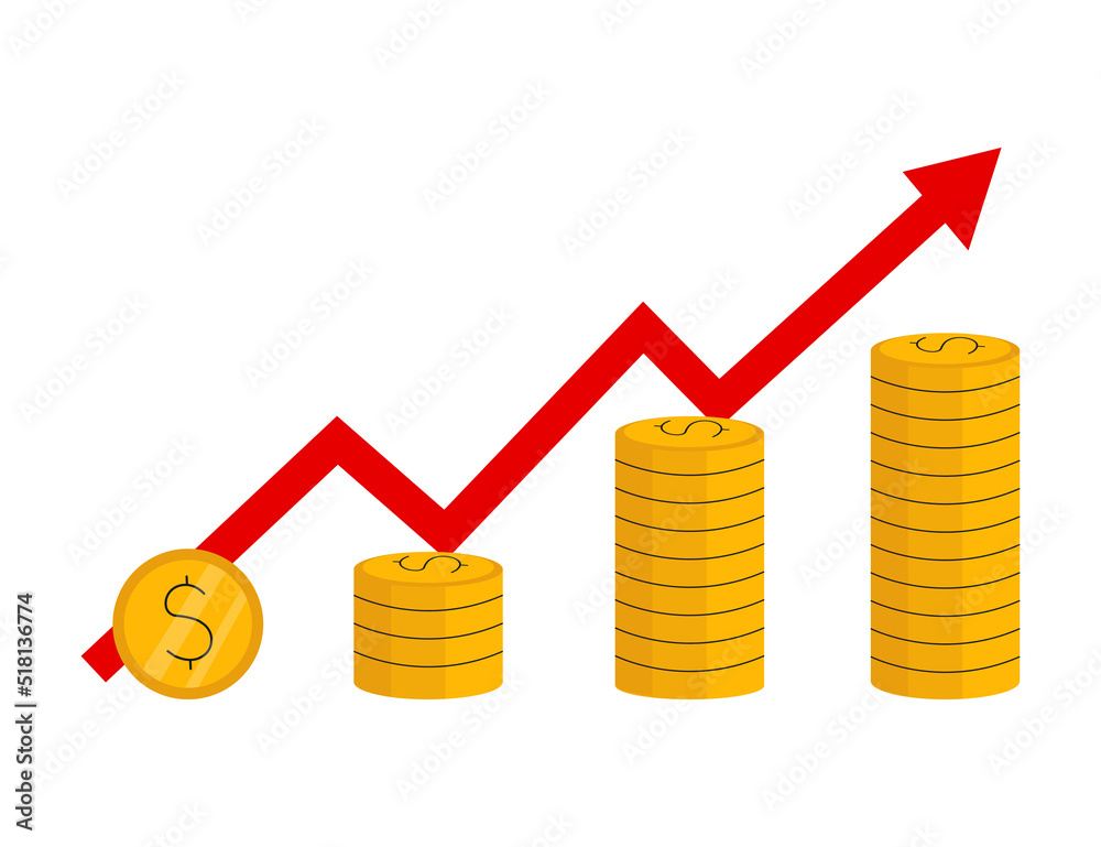 A stack of golden coins and risen red arrow. A stack of golden coins and risen red arrow.