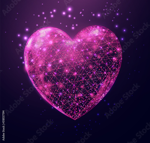 Wireframe pink heart  low poly style. Abstract modern 3d vector illustration on dark blue background.