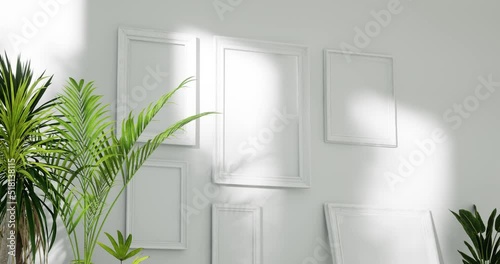 empty white room interior with classic picture frames, tropical home plants on the floor, sunlight from windows. zoom in