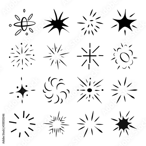 Collection of New Year s lights  salute elements and various decorative signs. Black fractal signs for design in vector. Circular decorative flares and lights on white background.
