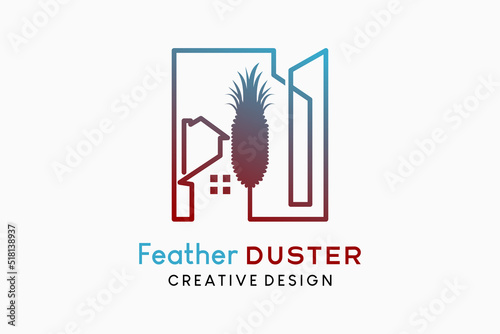 Quill feather duster logo design traditional dust cleaner illustration, silhouette of a feather feather duster combined with house and building icons in line art