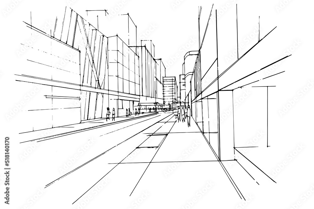 Line drawing of a large city in a pedestrian perspective,modern design,vector,2d illustration