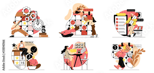 Set of People planning schedules. Young men and women use online calendar, setting reminders and task list. Time management and efficiency. Cartoon flat vector collection isolated on white background