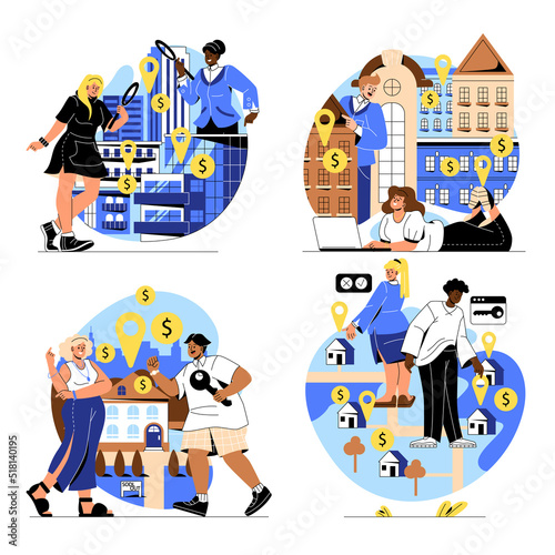Property search concept. Set of male and female real estate agents looking and choosing best apartment or house. Buying or renting home. Cartoon flat vector collection isolated on white background