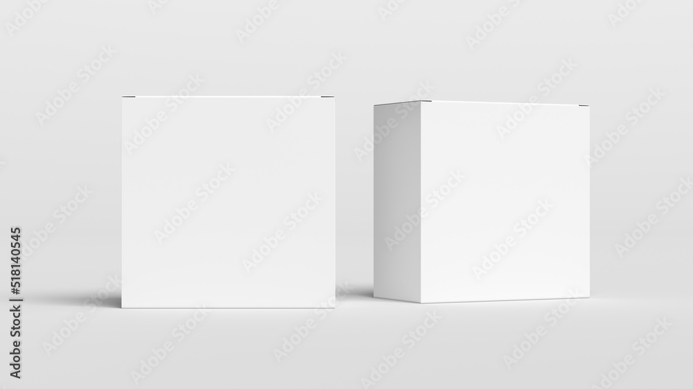 Two square boxes mock up. White gift boxes on white background. Front view. Two square boxes mock up. White gift boxes on white background. Front view.