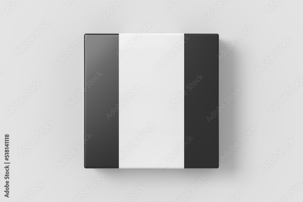 Square box mock up with blank paper cover label: Black gift box on white background. View directly above. Square box mock up with blank paper cover label: Black gift box on white background. View directly above.