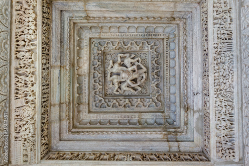 Ornate interior of the Adinatha temple, a Jain temple in Ranakpur, Rajasthan, India, Asia