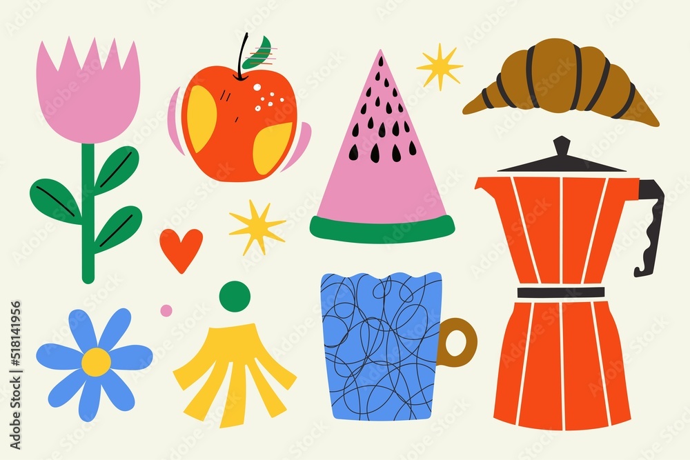 Vector illustration set with coffee geyser and mug, fruits, flower and croissant. Colored summer picnic poster, cafe menu design elements Vector illustration set with coffee geyser and mug, fruits, flower and croissant. Colored summer picnic poster, cafe menu design elements