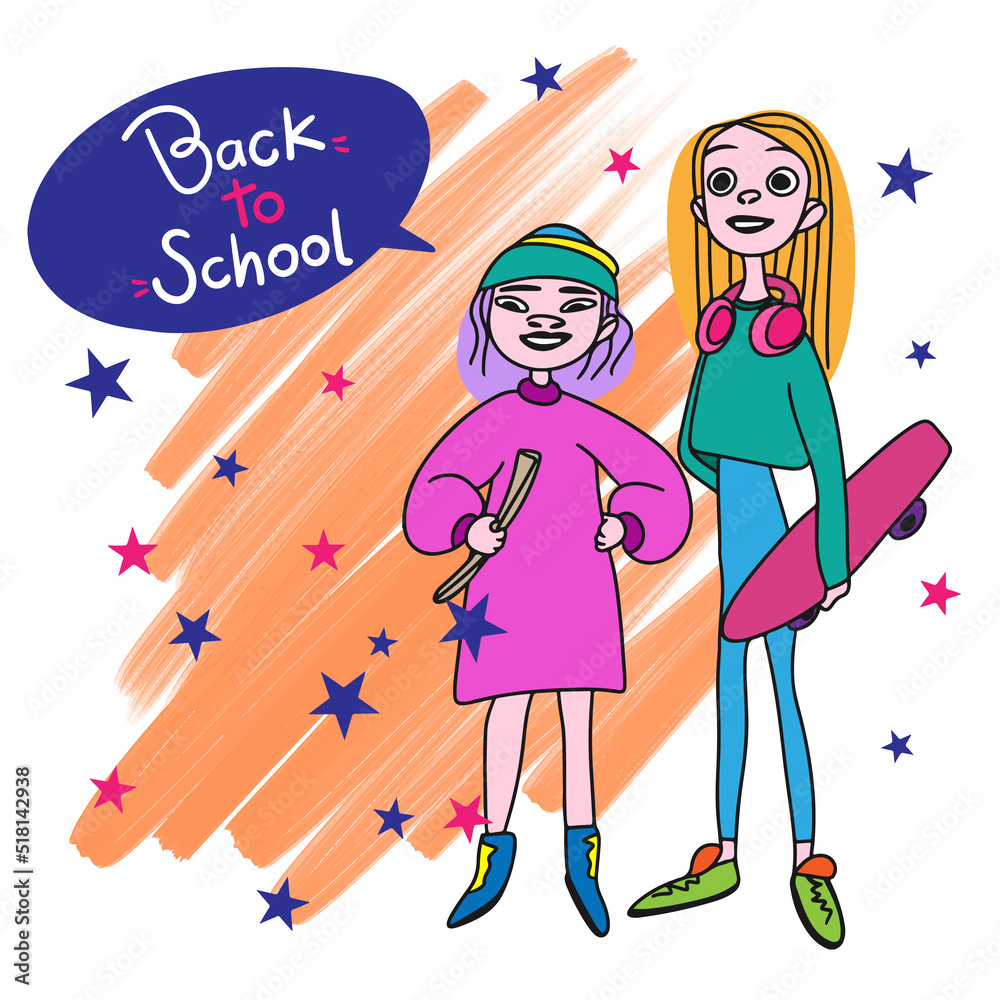 Back to school, children, girls rejoice that school is soon,watercolor background, doodle