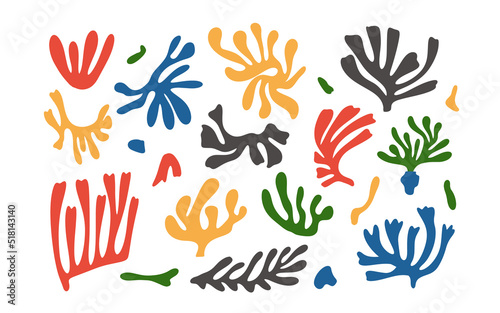 Abstract modern organic design elements in Matisse style. Contemporary shapes with nature-inspired, irregular cutouts forms. Retro boho wall decor stickers like seaweed coral. Vector illustration