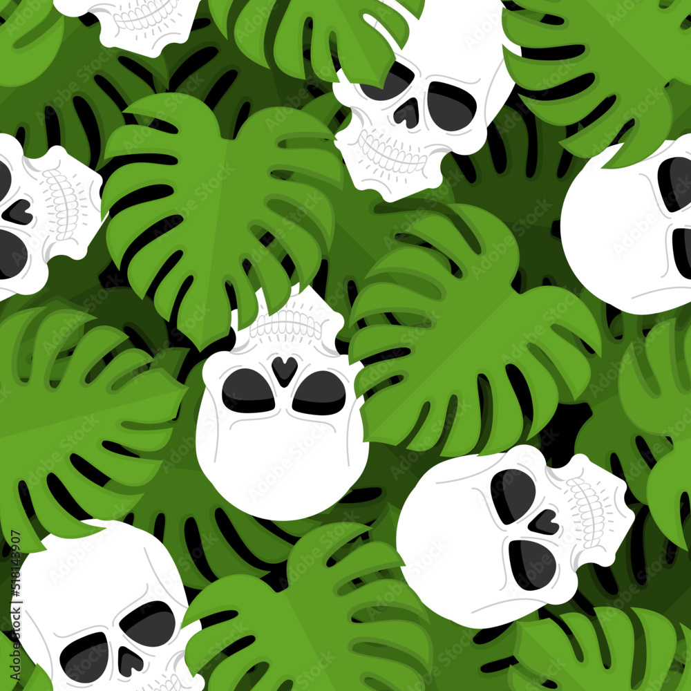 Skull and monstera pattern seamless. skeleton head and tropical leaves background Skull and monstera pattern seamless. skeleton head and tropical leaves background