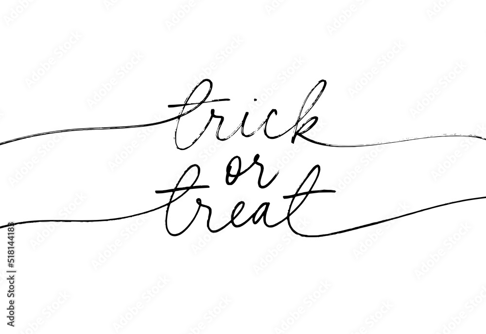 Trick or treat vector line calligraphy. Handlettered Halloween phrase. Hand drawn black pen lettering isolated on white background. Happy Halloween message design banner. Greeting card and invitation