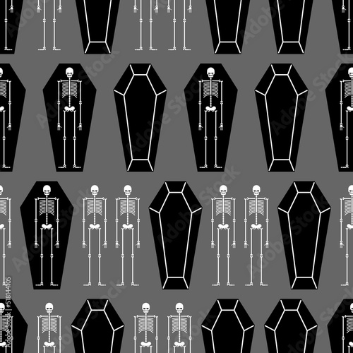 Skeleton and coffin pattern seamless. Dead Man in a tomb background. Vector texture