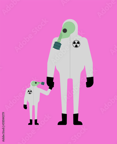 Father and son nuclear protection suits. Concept of nuclear war and ecological catastrophe.