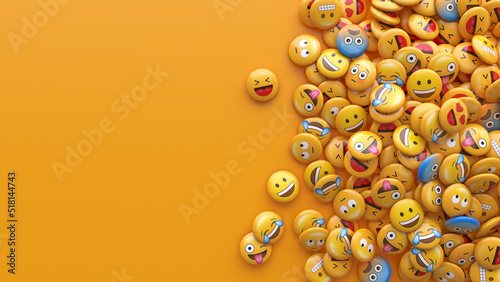 3D rendering of a bunch of emojis with faces representing different emotions with copy space.