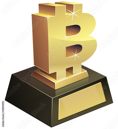 Trophy with a gold bitcoin sign on a black pedestal with a blank gold plaque (cut out)
