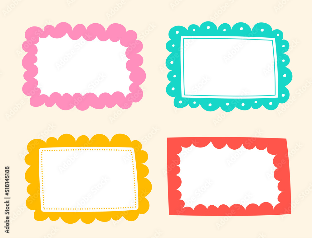 Cute Wavy Inside Dot Dash Line Doodle Cloud Rectangle Shape Green Blue Red Pink Orange Yellow Sticky note Post it Borders Frames Background Set Collection Bundle Vector Illustration
