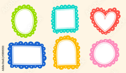 Cute Wavy Dot Line Doodle Cloud Round Heart Square Rectangle Arch Oval Shape Green Blue Red Pink Orange Yellow Sticky note Post it Borders Frames Background Set Collection Bundle Vector Illustration