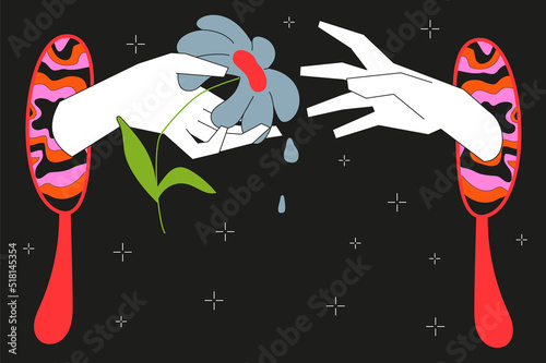 Hand from mirror with flower on black background. Surreal psychedelic vector illustration.