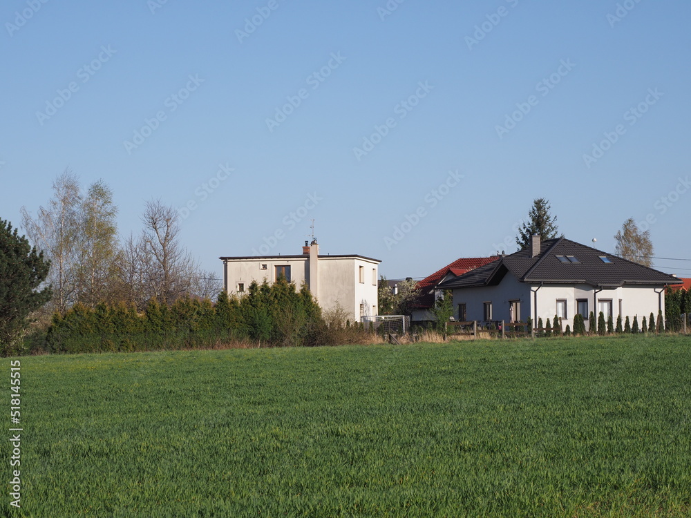 Green terrain and houses in Bielsko-Biala city in Poland