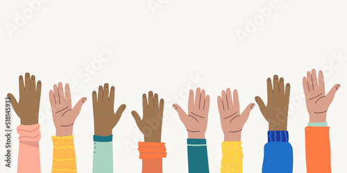 Raised hands of people of different nationalities and races. Protest and strike. Fighting for their rights. Men and women express dissatisfaction and defend their position. Vector flat illustration