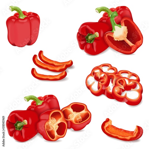 Set of bell peppers for banners, social media. Whole, half, sliced and wedges capsicum. Red pepper, sweet bell pepper. Fresh organic vegetables. Vector illustration isolated on white background.