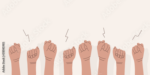 Hands up, fingers clenched into a fist. Protest and strike. Fighting for their rights. Men and women express dissatisfaction and defend their position. Vector flat illustration