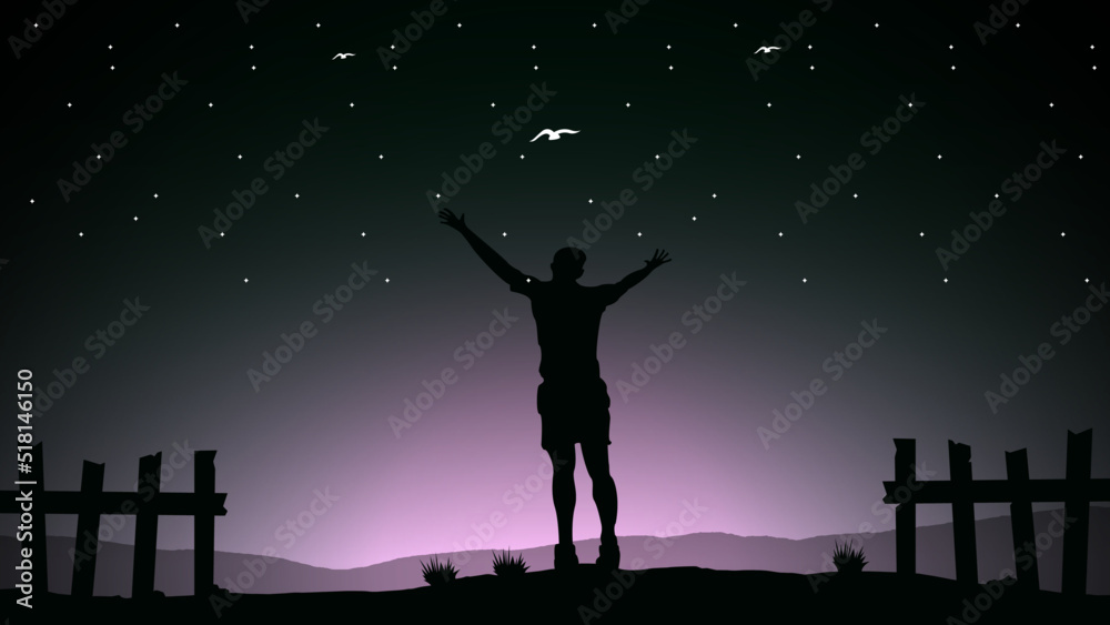 Person standing in front of sun with arms out, silhouette of a person in the night, feeling free, feeling free