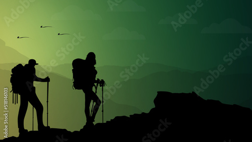 silhouette of a person in the mountains, man and girl hiking, a Man and girl hiking in the mountains with backpack