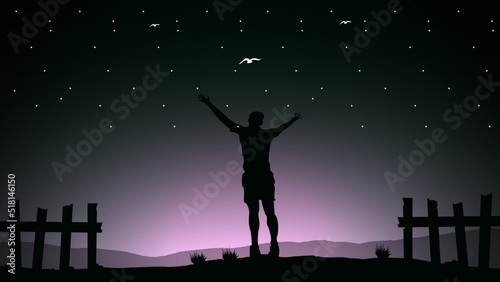 Person standing in front of sun with arms out, silhouette of a person in the night, feeling free, feeling free