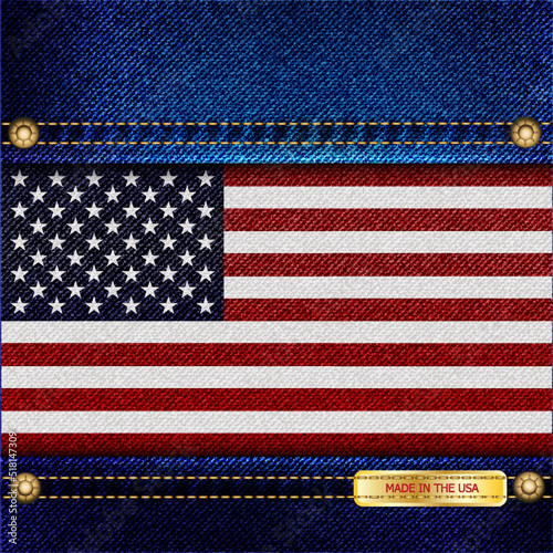 Stars and Stripes USA flag on blue denim background with stitching and jeans rivets, and a Made in the USA tag. eps10 vector format. EPS10 vector format.