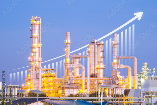Oil gas refinery plant or petrochemical plant. Include arrow, graph or bar chart. Increase trend or growth of production, market price, demand, supply. Concept of business, industry, fuel, energy.
