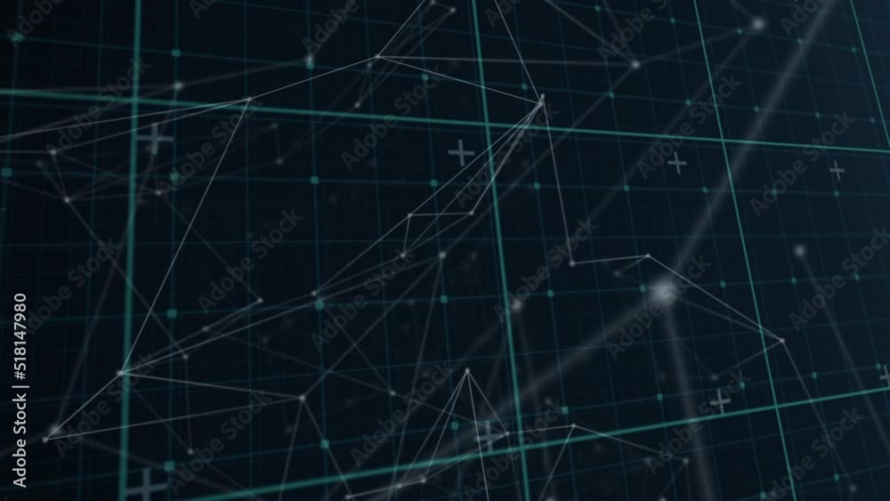 Animation of data processing and network of connections over dark background Animation of data processing and network of connections over dark background