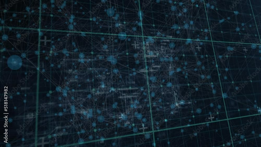 Animation of data processing and network of connections over dark background Animation of data processing and network of connections over dark background