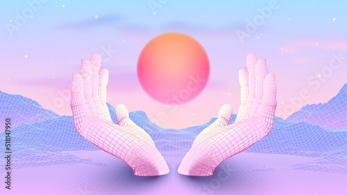 Pale holographic colored 80s or 90s styled vaporwave landscape with 3D hands holding the glowing purple sun. Blue mountains with spiritual and meditation theme. Psychedelic background for relaxation