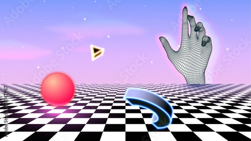 Vaporwave or synthwave abstract concept with glitchy glowing hand, neon shapes and grid floor. 80s or 90s styled surreal abstraction with vibrant neon colors and retro computer style.