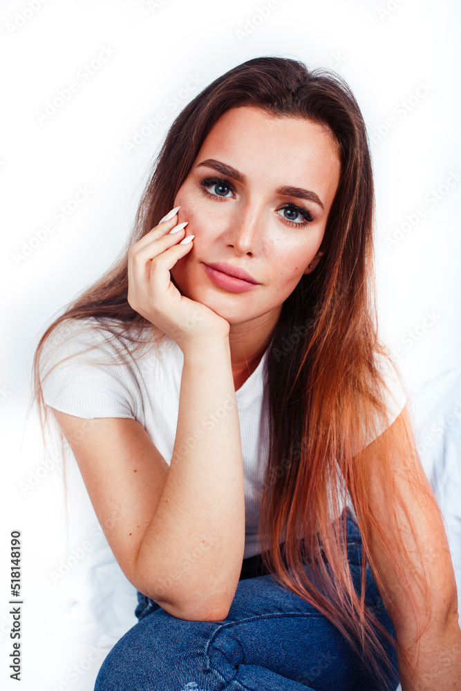 young pretty stylish blond girl posing emotional isolated on white background happy smiling cool smile, lifestyle people concept young pretty stylish blond girl posing emotional isolated on white background happy smiling cool smile, lifestyle people concept