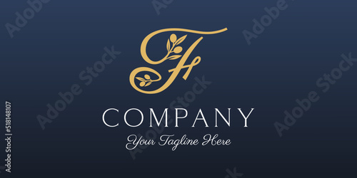 letter F combined twig Olive oil logo design template.