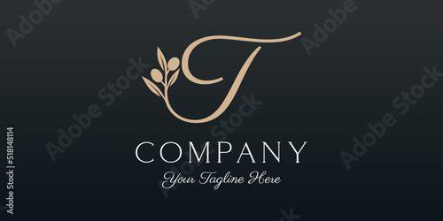 letter T combined twig Olive oil logo design template.