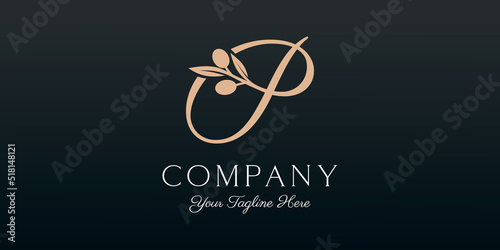 letter P combined twig Olive oil logo design template.