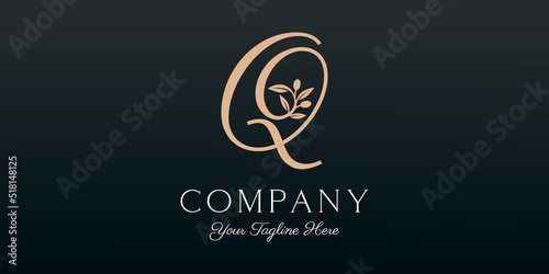 letter Q combined twig Olive oil logo design template.