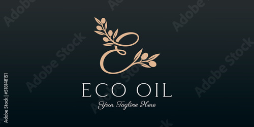 letter e combined twig Olive oil logo design template.