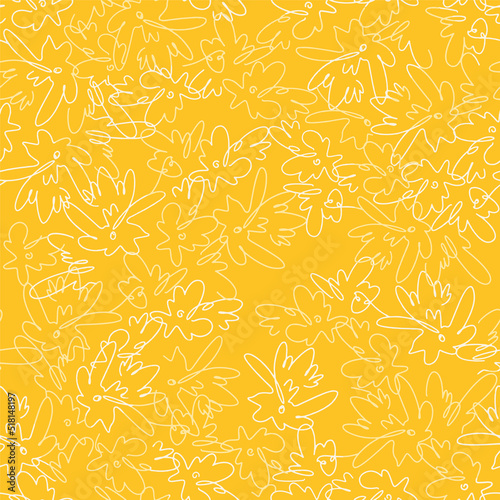 Flower meadow, line art seamless pattern with floral ornament on a yellow. Endless texture with continuous linear art.