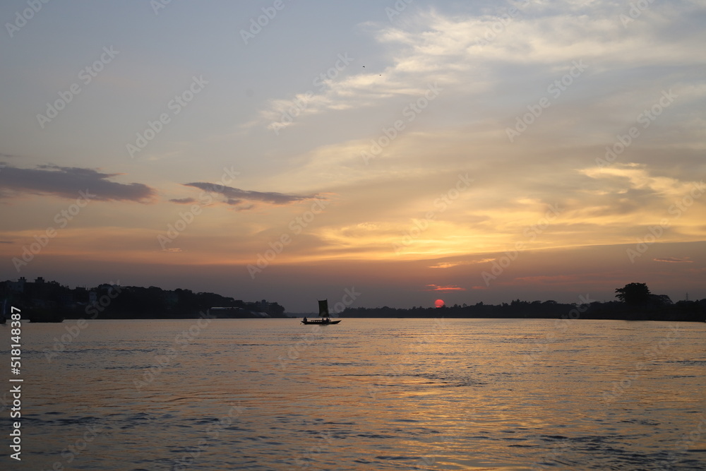 Image of silhouette, boat, Rower at sunset
