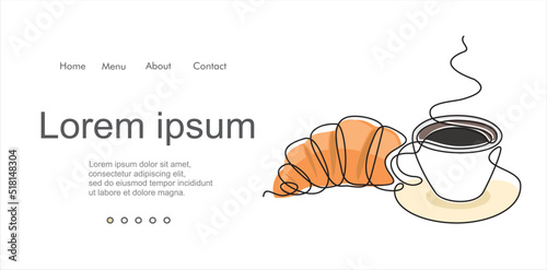 Croissant and coffee drawn in one line style. Breakfast theme with linear pastry and coffee for logo and posters, simple sketch design. Vector illustration isolated on white background